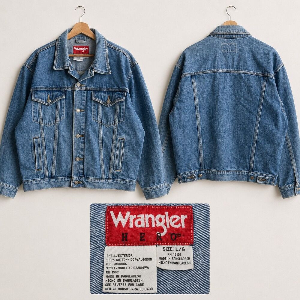 Wrangler Hero Denim Jean Jacket Men’s Large Trucker Coat Western Pockets